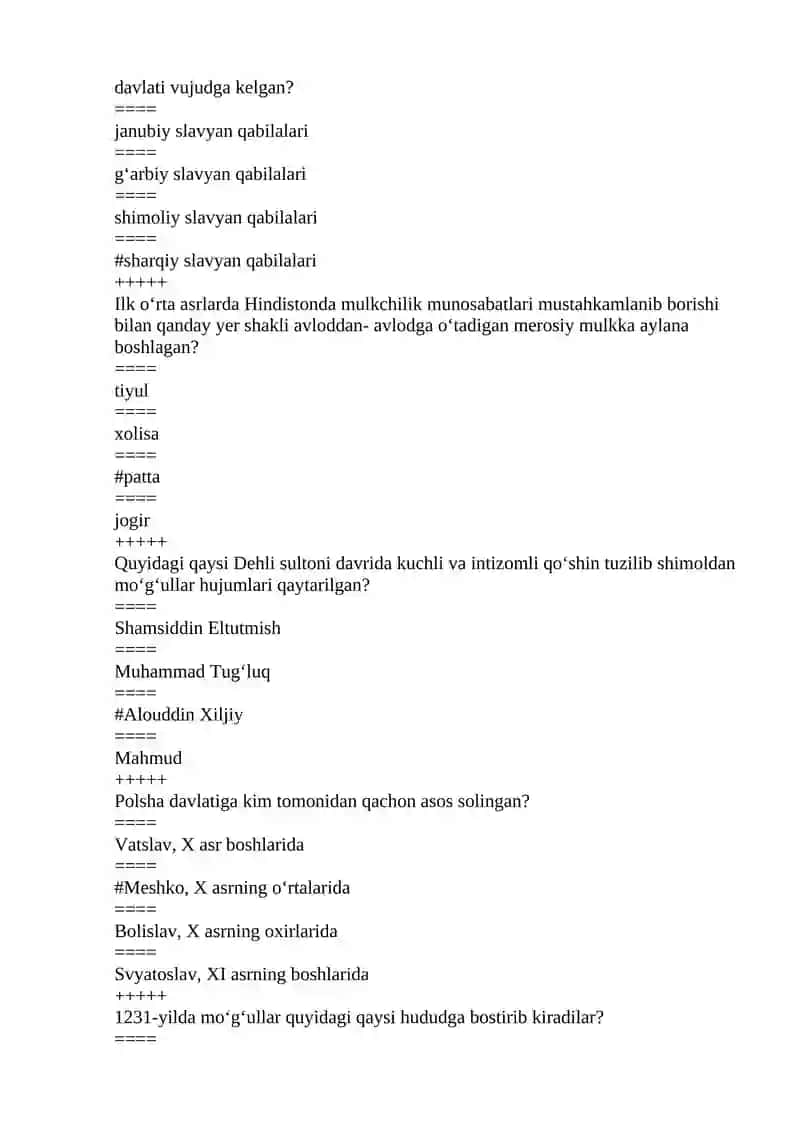 Jahon tarixi fanidan 2-kurs 2- semester uchun test savollari 2