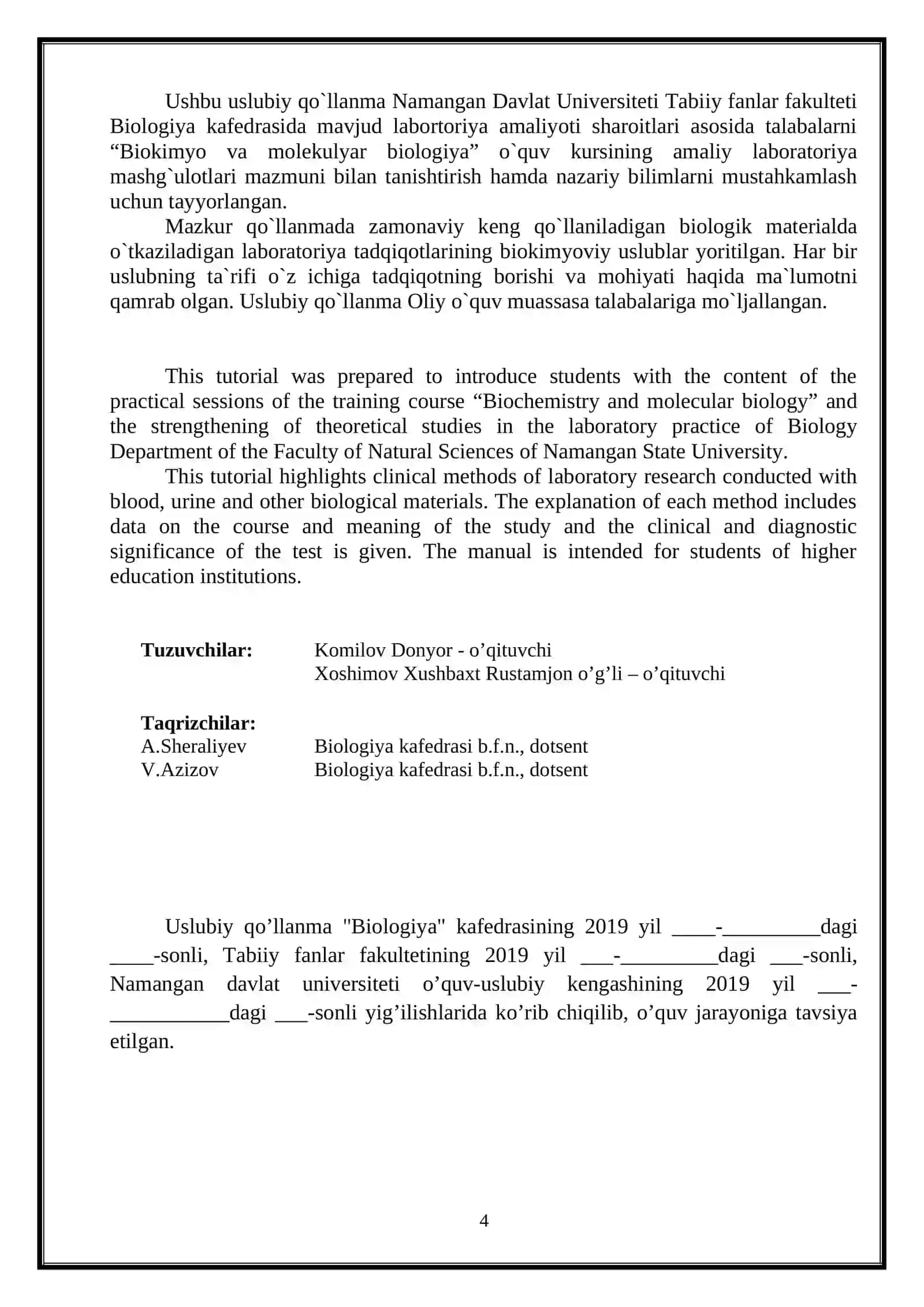 BIOKIMYO VA MOLEKULYAR BIOLOGIYA FANIDAN LABORATORIYA ISHLARI USLUBIY QO'LLANMA 2