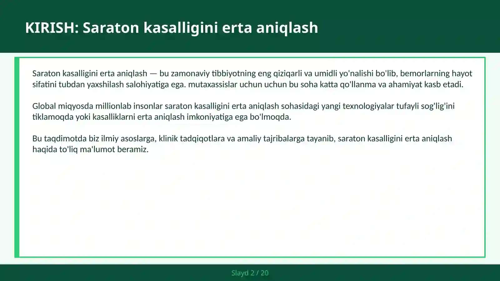 Saraton kasalligini erta aniqlash 2