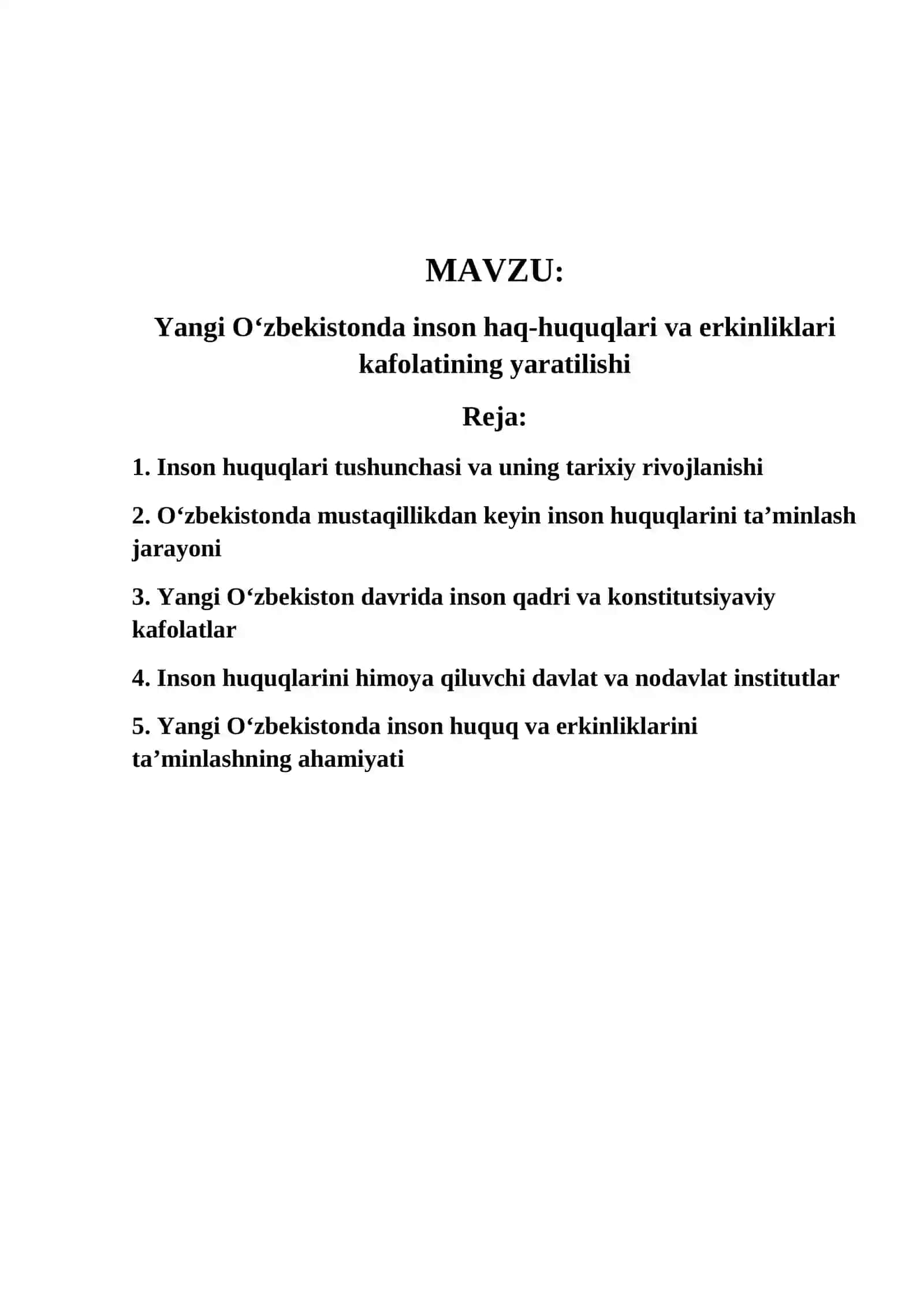 Yangi O‘zbekistonda inson haq-huquqlari va erkinliklari kafolatining yaratilishi 2