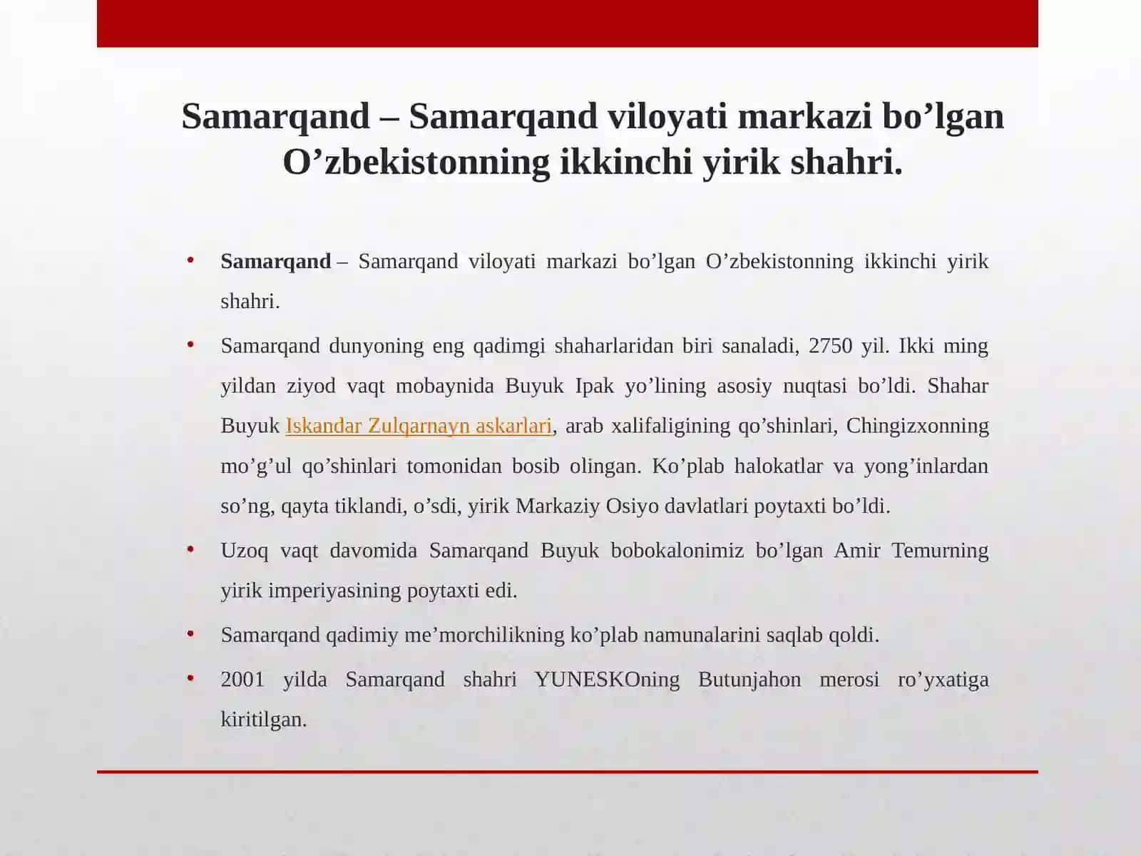 Tarixiy shaharlar (Buxoro Samarqand Marg'ilon Qarshi Toshkent Xiva Shaxrisabz) yubileylarining xalqaro miqiyosida keng nishonlanishi 2