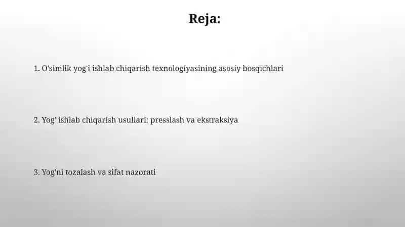 O’SIMLIK MOYLARINI ISHLAB CHIQARISH TEXNOLOGIYASI 2