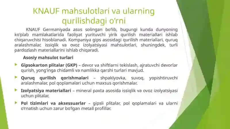 KNAUF maxsulotlarini ishlab chiqarish texnologiyasi. 2