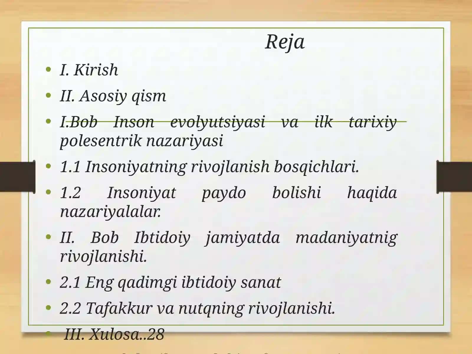 Insonevolyutsiyasi va Oldtarixi fanidan tayyorlagan taqdimoti 2