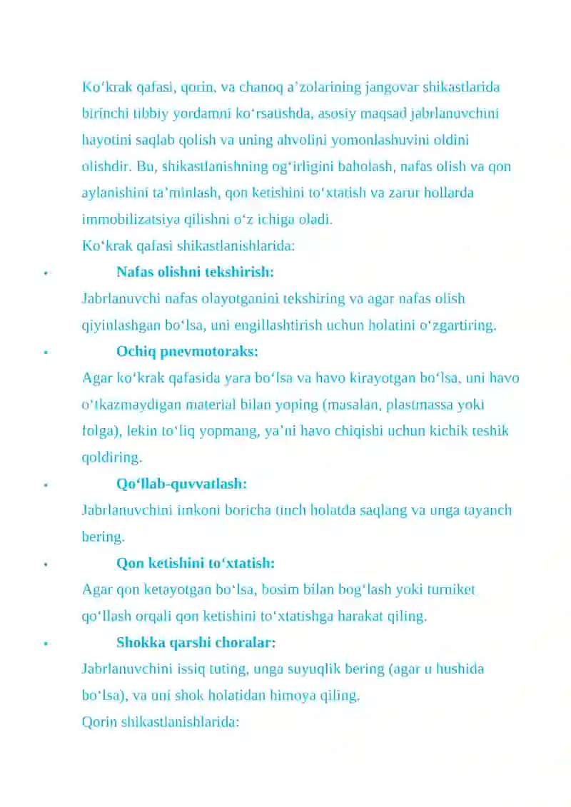 Ko‘Krak Qafasi Va Qorin A’zolarini Jangovor Shikastlari Tibbiy Yordam Ko‘Rsatish 2