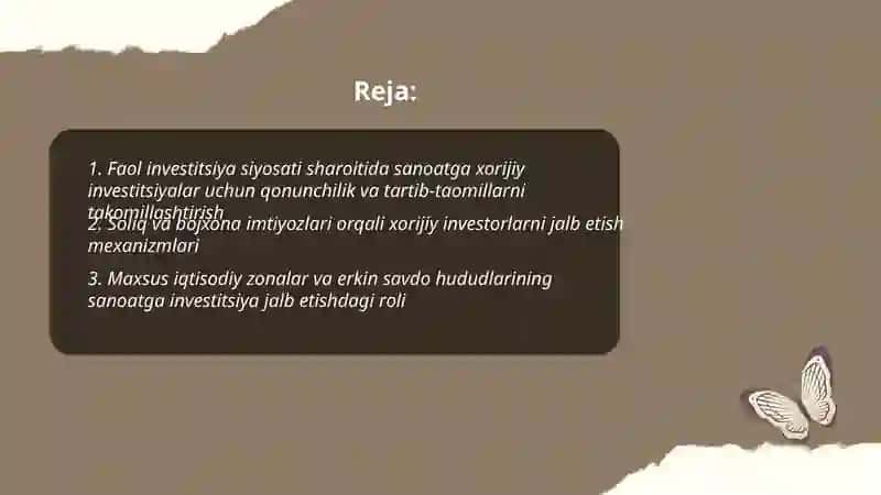 Faol investitsiya siyosati sharoitida sanoat korxonalariga xorijiy investitsiyalarni jalb etish yoʻnalishlari 2