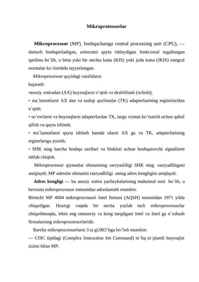 Mikroprosessorlar vatizim platalari 2