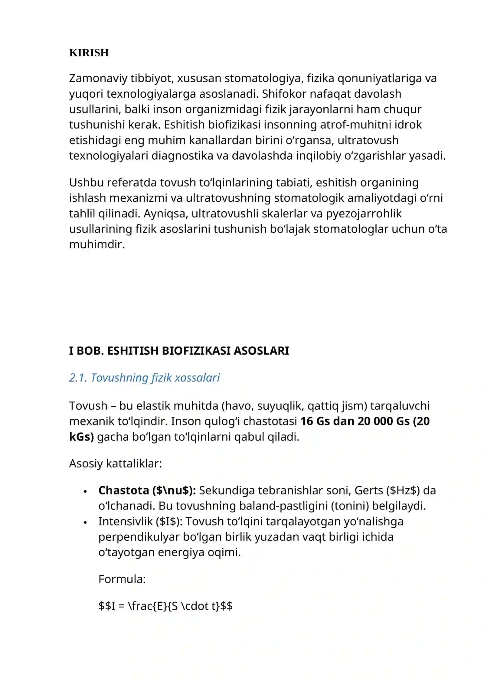 biofizikada eshitish biofizikasi elementlari. Ultratovush va uning stomatologiyada qo'llanilishi 2