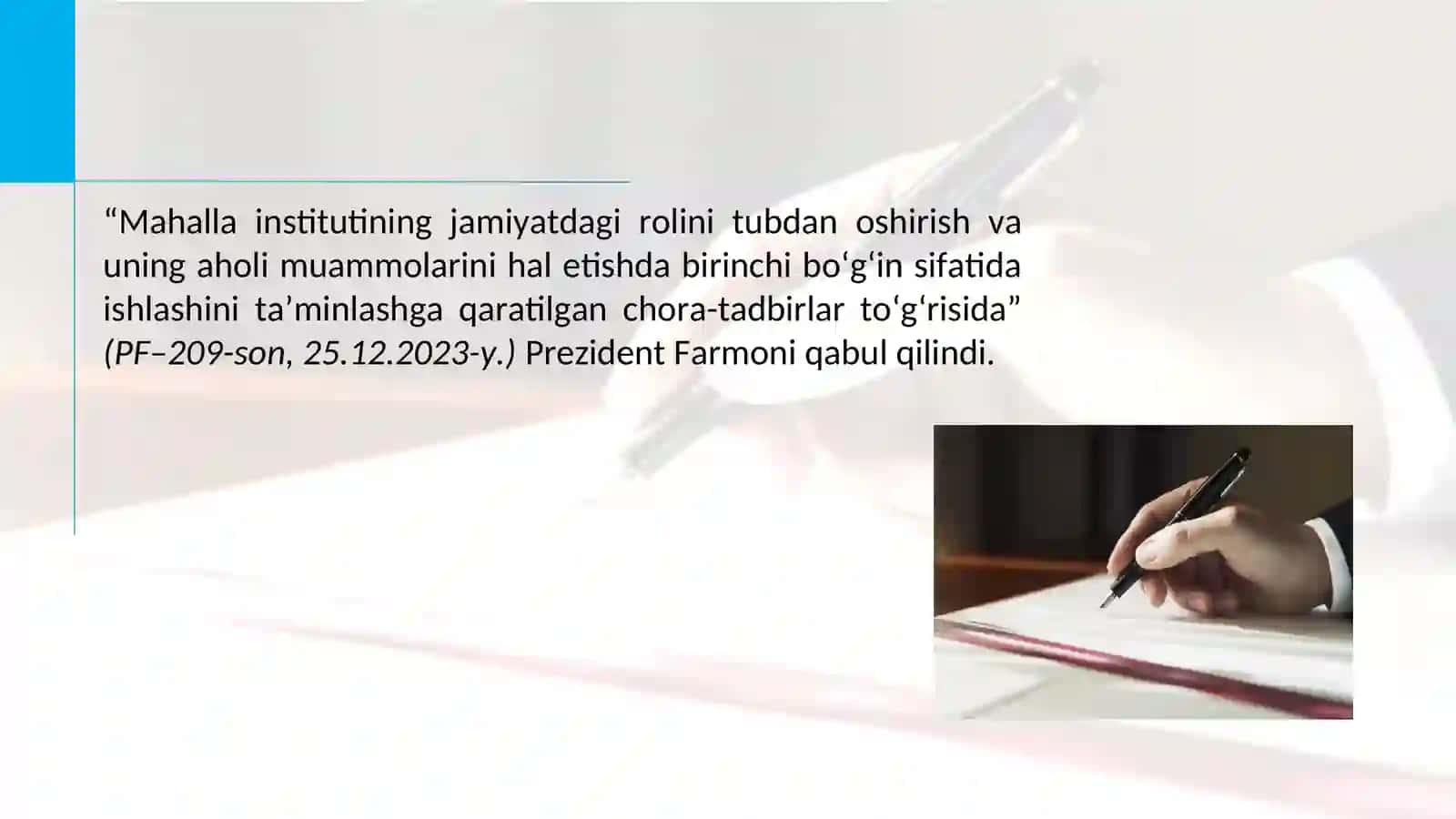 “Mahalla institutining jamiyatdagi rolini tubdan oshirish va uning aholi muammolarini hal etishda birinchi bo‘g‘in sifatida ishlashini ta’minlashga qaratilgan chora-tadbirlar to‘g‘risida” 2