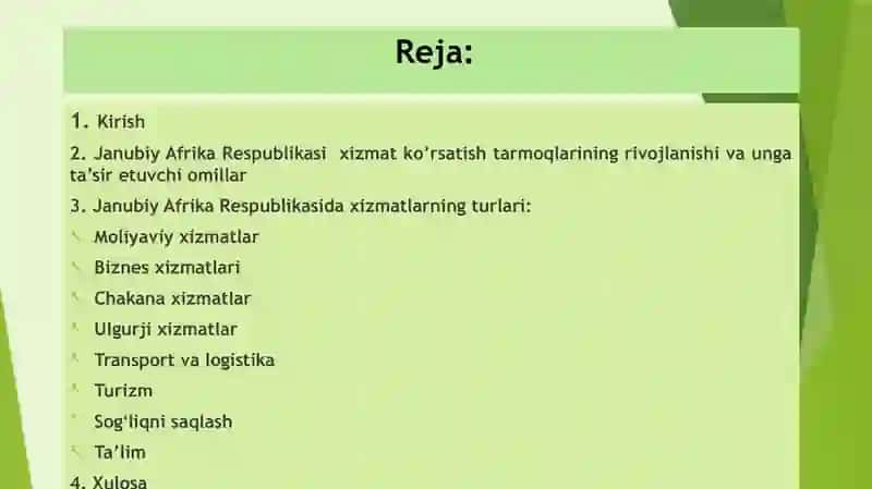 Janubiy Afrika Respublikasida xizmat ko’rsatish sohalarining hududiy rivojlanishi. Taqdimot. 2