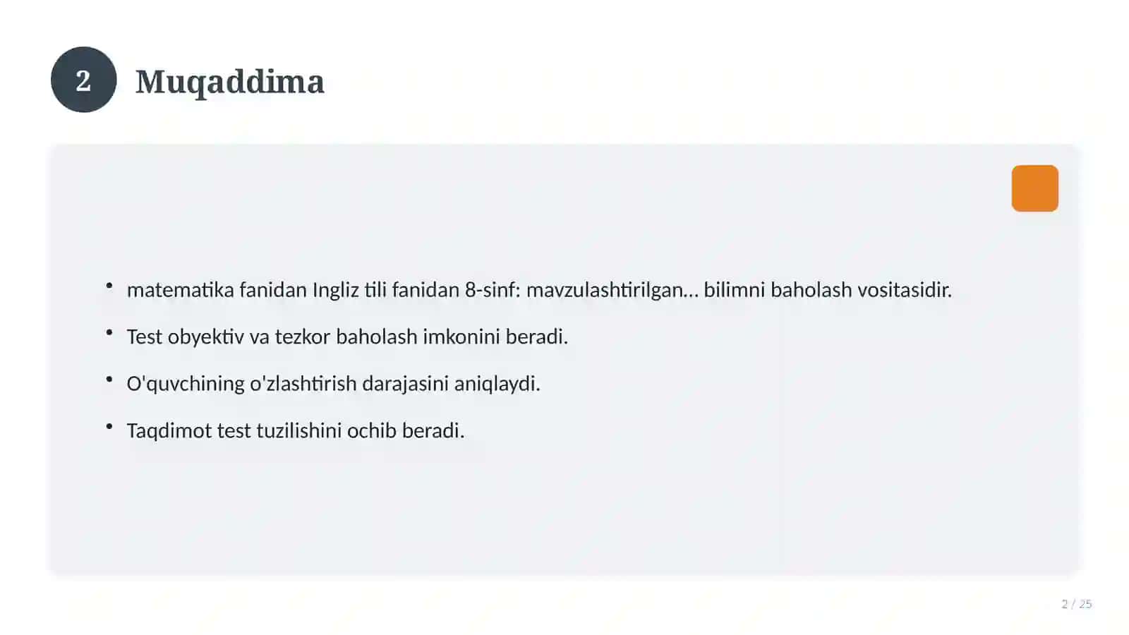 Ingliz tili fanidan 8-sinf: mavzulashtirilgan nazorat ishi va tahlil 2