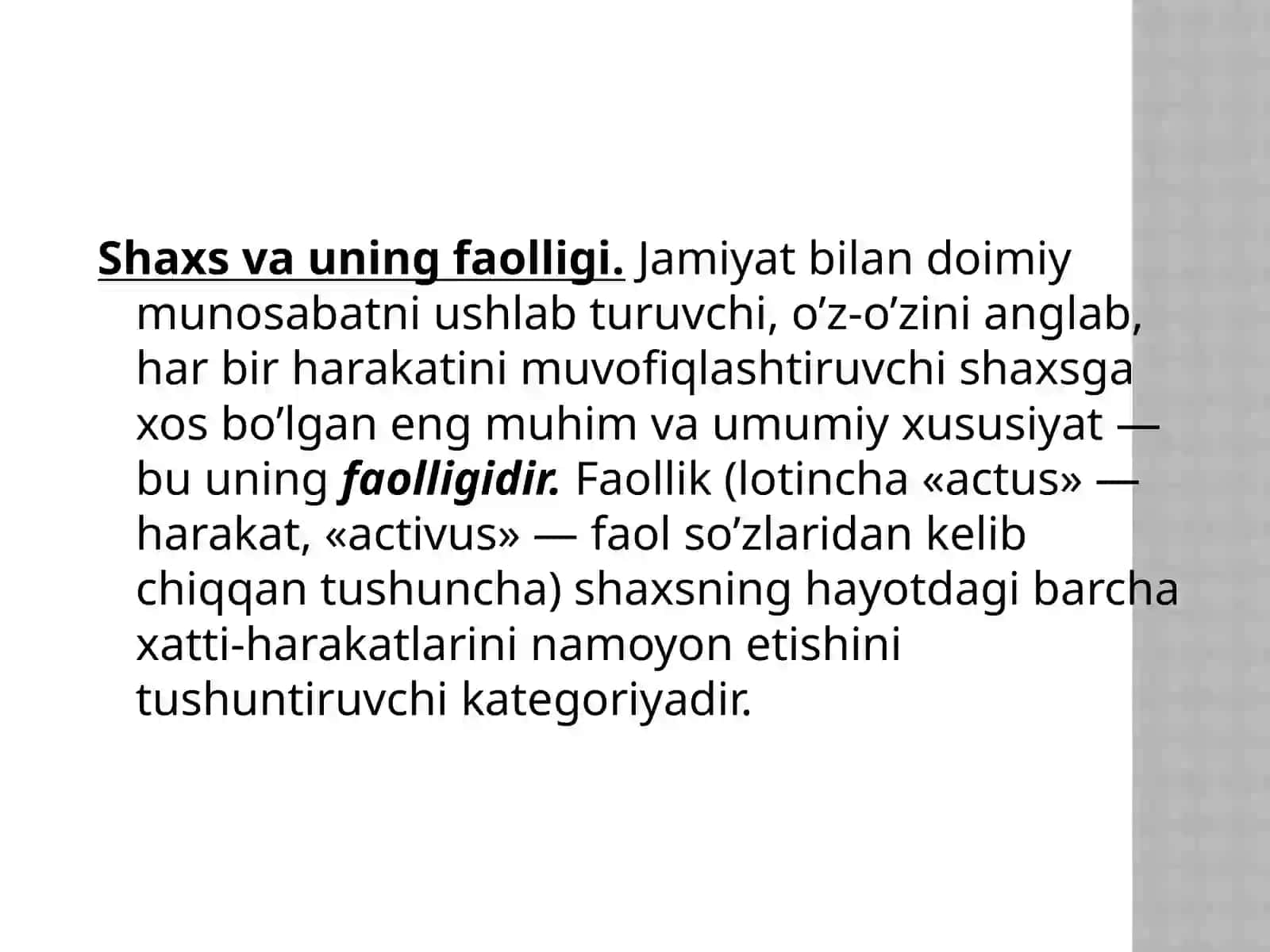 SHAXSNING FAOLLIGI. FAOLIYAT TURLARI, MOTIVASIYASI VA ULARNI BOSHQARISH 2