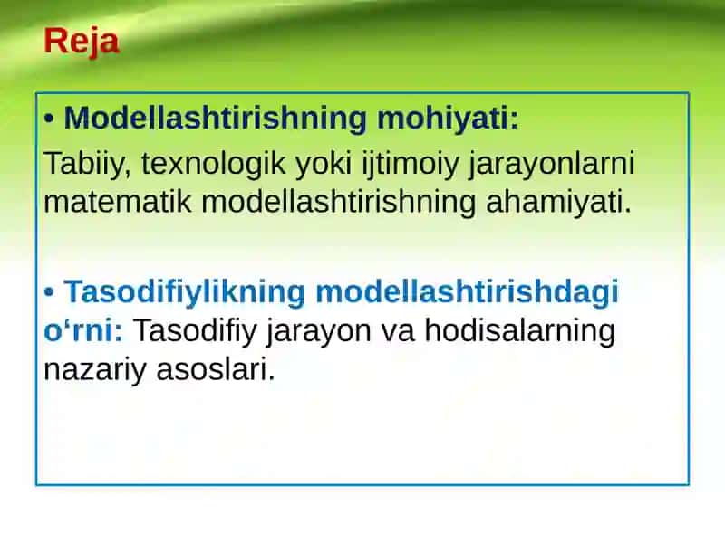 Modellashtirish jarayonida tasodifiy funksiyalarni tahlili 2