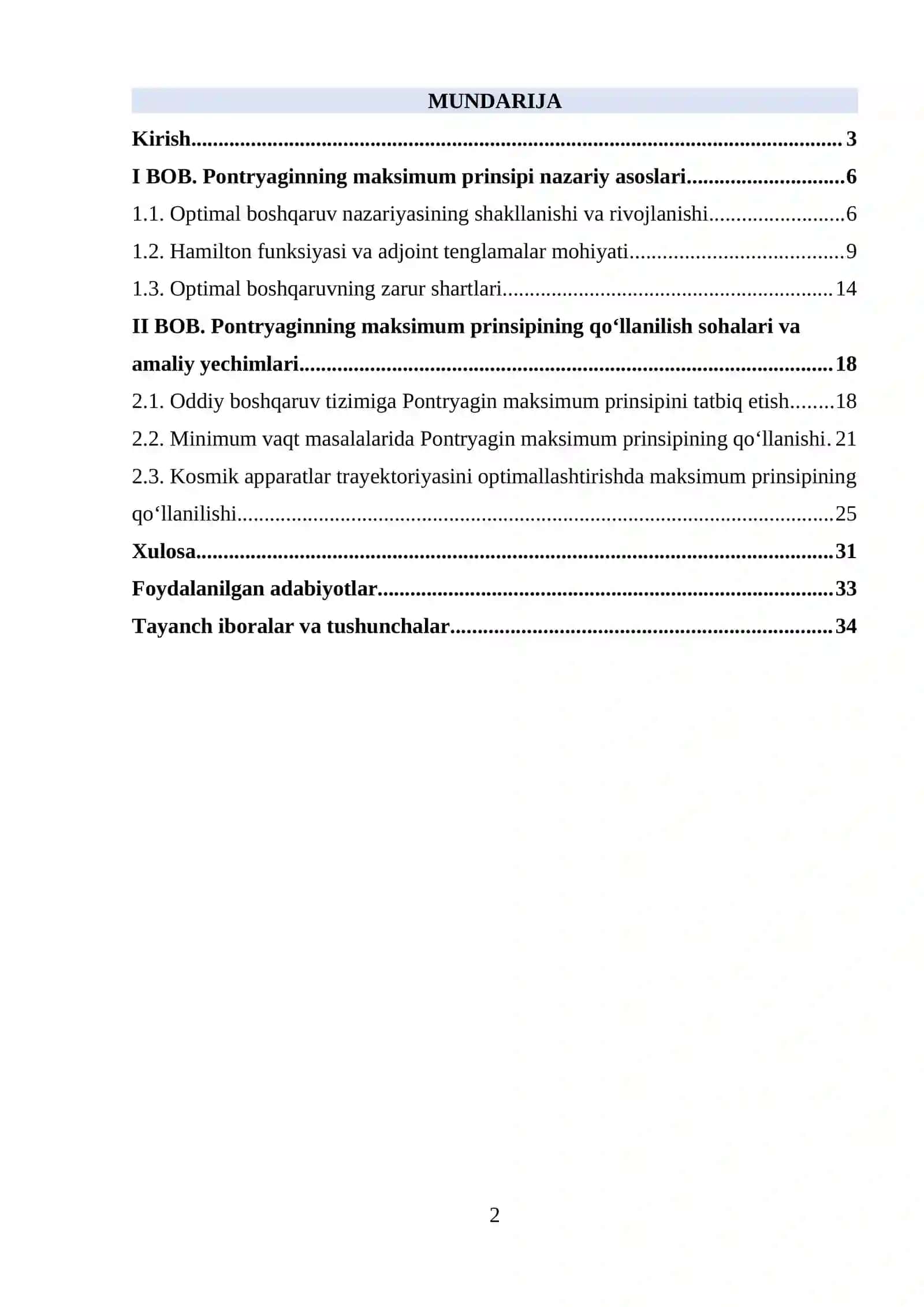 Pontryaginning maksimum prinsipi nazariy asoslari va qo‘llanilish sohalari 2
