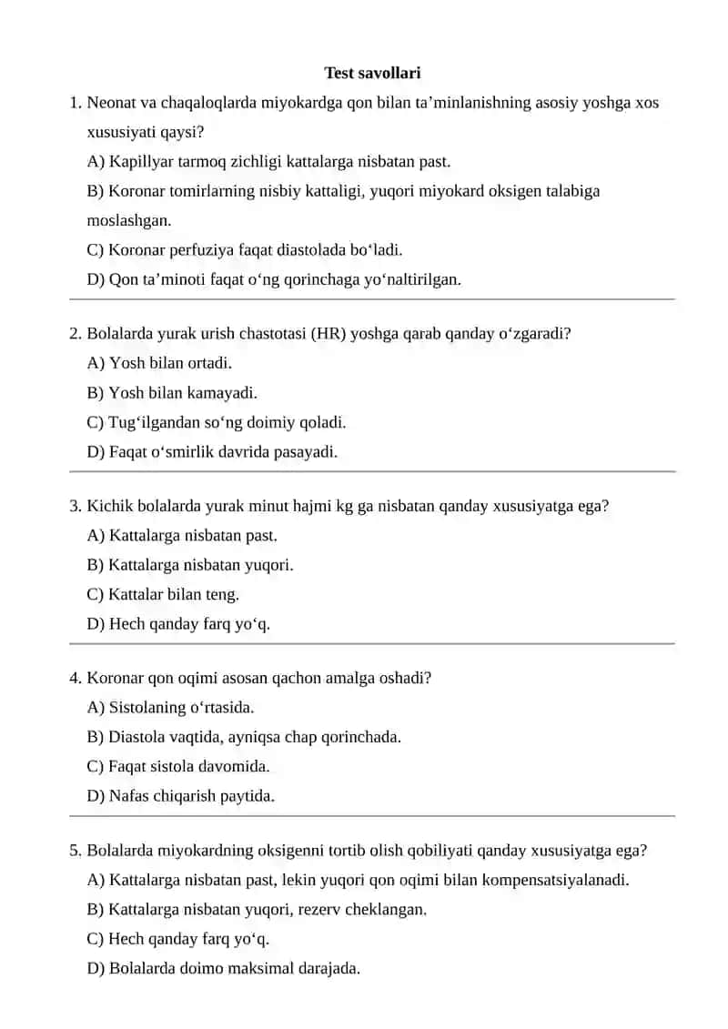 Miyokardga qon bilan ta'minlanishni yoshga bog'liq xususiyatlari. Bolalar va o'spirinlarda yurak-qon tomir tizimining funksional ko'rsatkichlarining yosh xususiyatlari 2