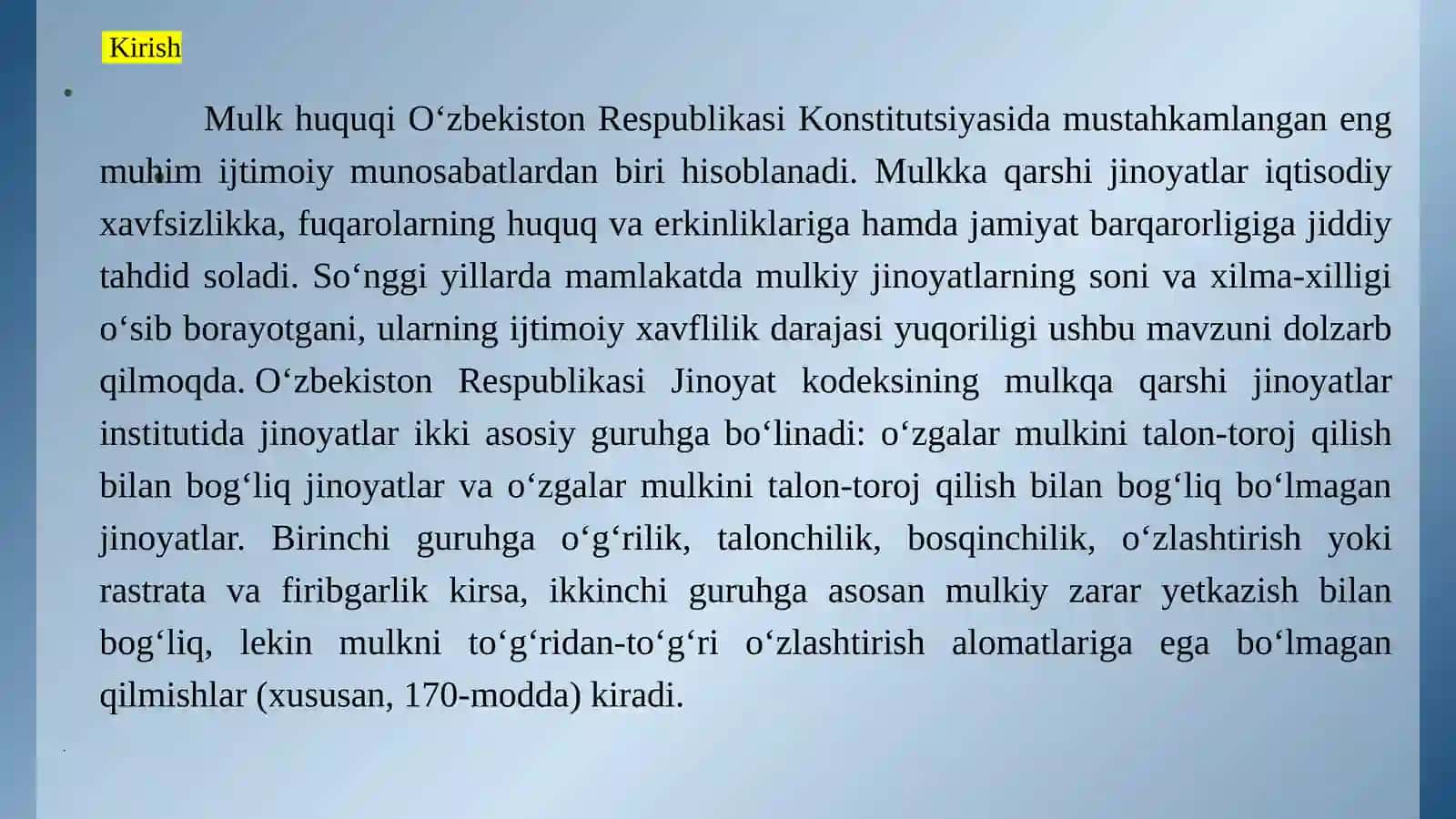 Oʻzgalar mulkini talon-toroj qilish jinoyati va oʻzgalar mulkini talon-toroj qilish bilan bogʻliq boʻlmagan jinoyatlar 2