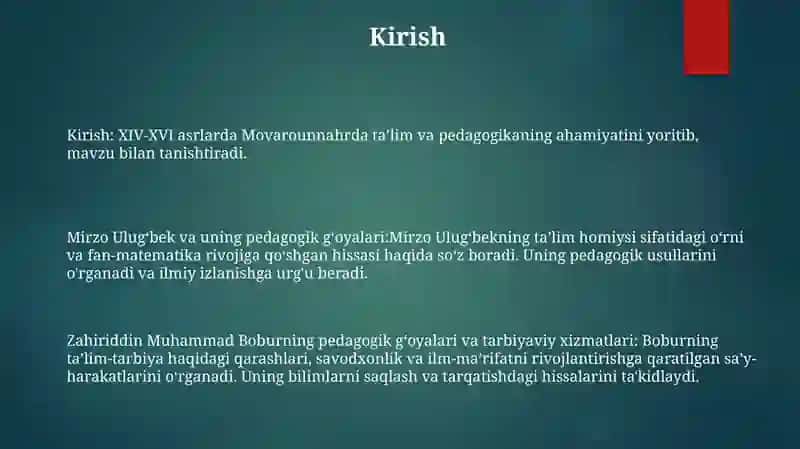 Xiv-Xvi Asrlarda Movorounahrda Ta'Lim-Tarbiya Va Pedagogik Fikrlar Mirzo Ulugbek,Zahiriddin Muhammad Boburning Prdagogik Goyalari Va Ma'Rifatparvarlik Xizmatlari 2