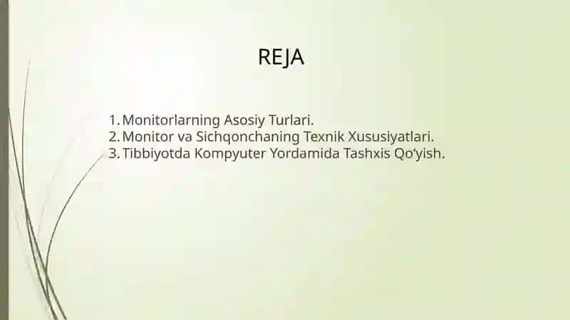 Monitor va sichqoncha qurilamalarining turlari va vazifalari. Tibbiy ta'limda va tibbiyotda kompyuterning qo'shimcha qurilmalarining qo'llanilishi va tabbiq etilishi. 2
