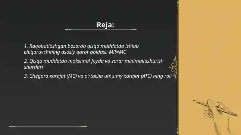 Raqobatlashgan bozorda qisqa muddatda ishlab chiqaruvchining muvozanat holati 2