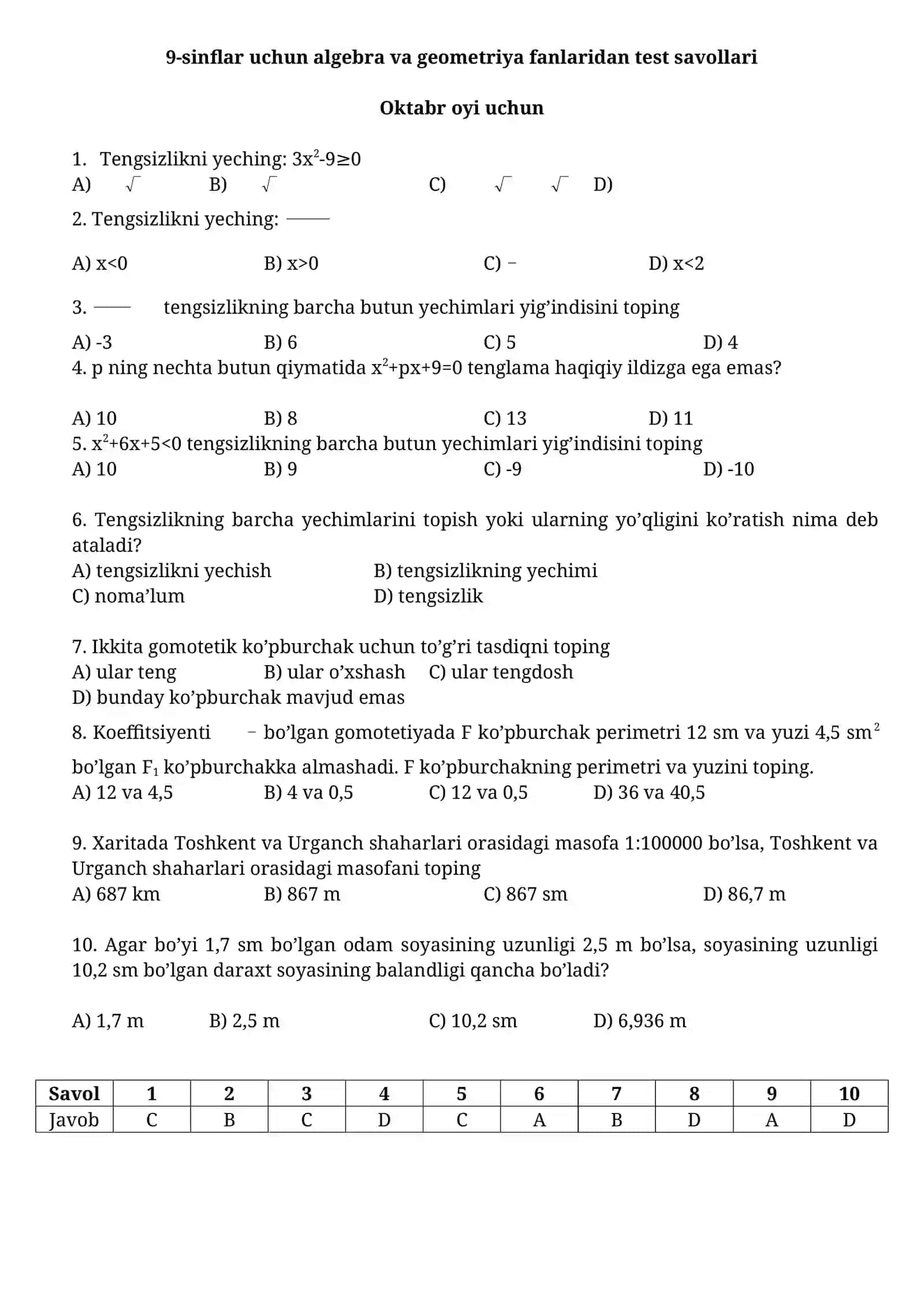 9-sinflar uchun algebra va geometriya fanlaridan test savollari 2