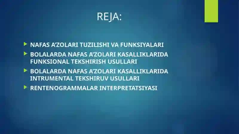 BOLALARDA NAFAS A’ZOLARI KASALLIKLARIDAGI FUNKSIONAL INSTRUMENTAL TEKSHIRUVLAR. RENTGENOGRAMMALAR INTERPRETATSIYASI 2
