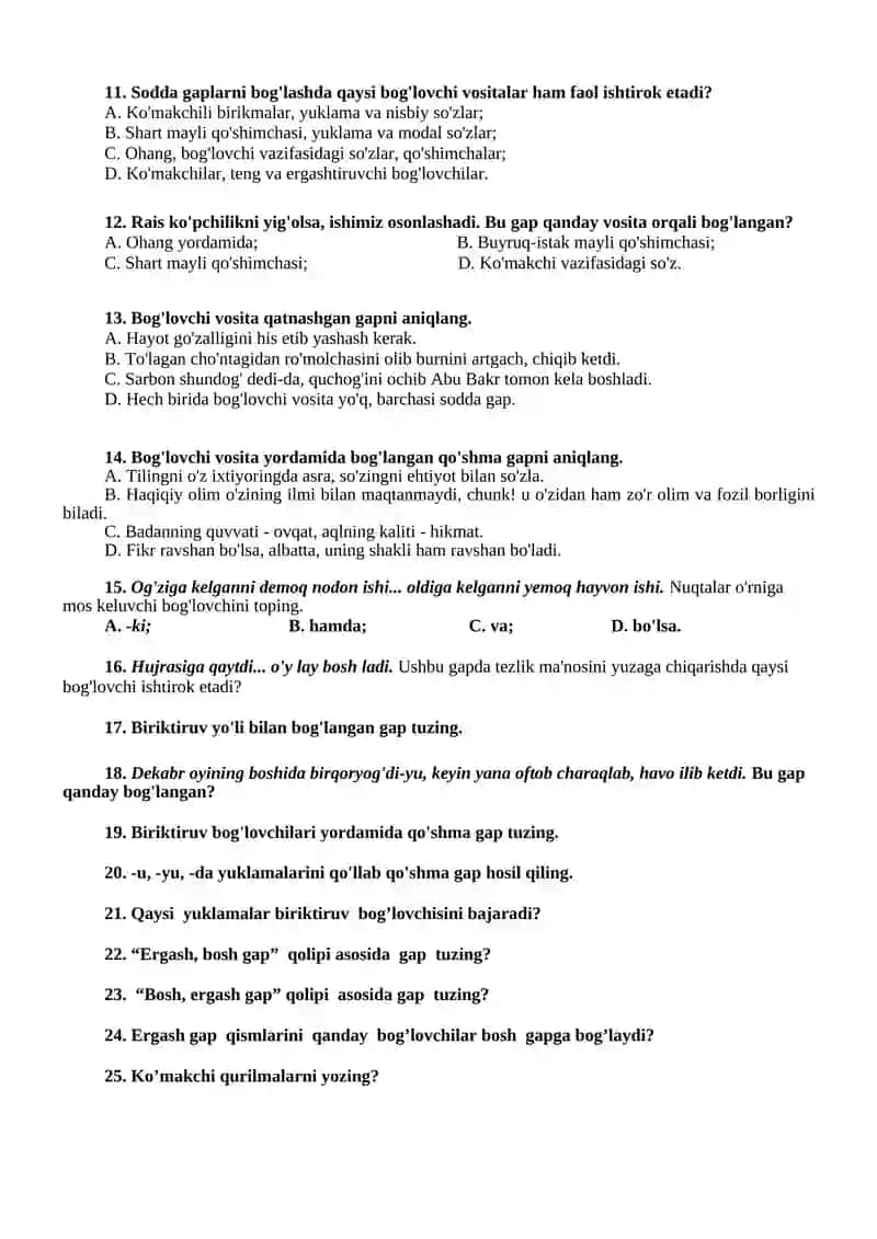 Ona tili fanidan 9 – sinf uchun test 2