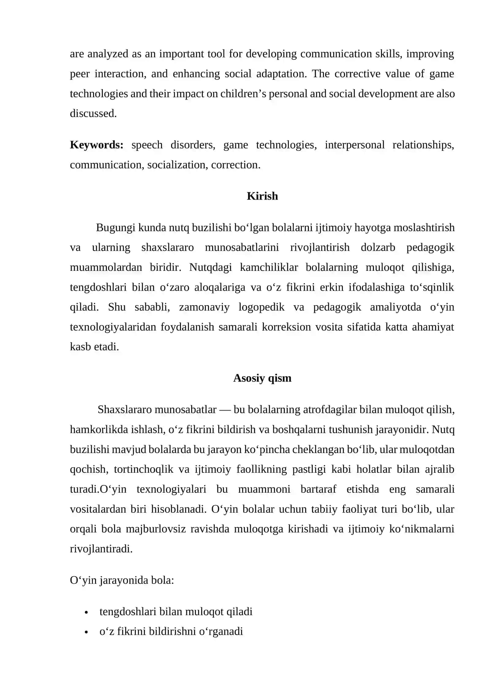 Nutq buzilishi bo'lgan bolalarda o'yin texnologiyalari yordamida shaxslararo munosabatlarni rivojlantirishning tuzatish qiymati 2