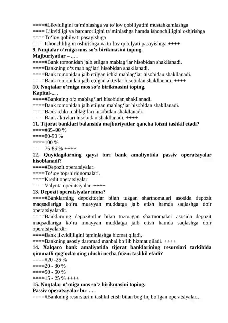 Banklarda buxgalteriya hisobi  fanidan test 220 ta 2