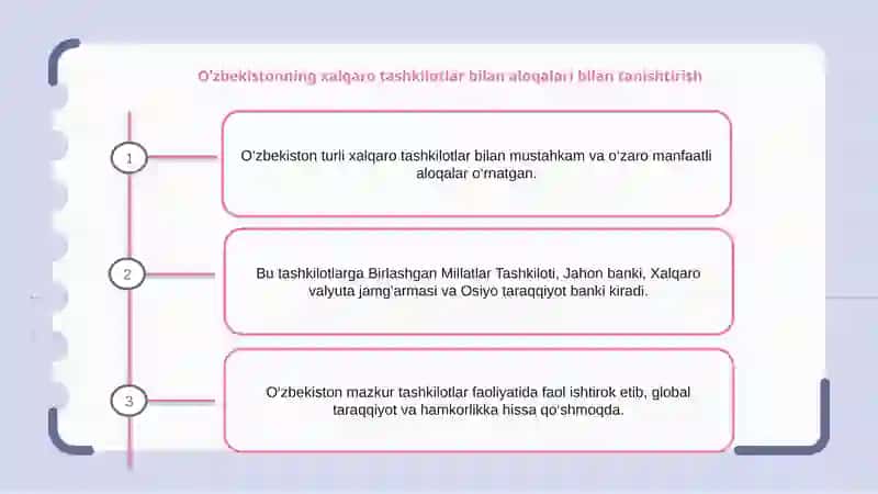 O’zbekistonning xalqaro tashkilotlar bilan hamkorlik  aloqalari 2