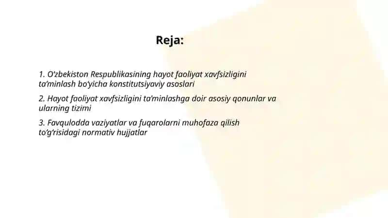 O‘zbekiston Respublikasida hayot faoliyat xavfsizligini ta’minlash bo‘yicha qabul qilingan qonun va me’yoriy hujjatlar tizimi 2