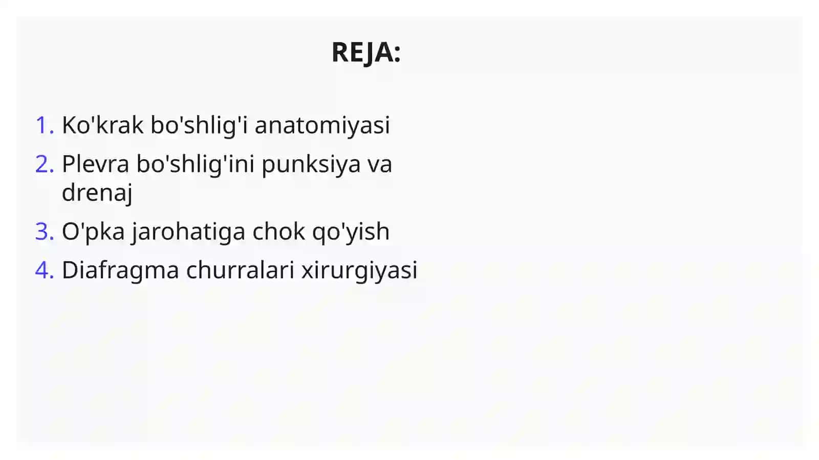 Ko‘krakbo‘shlig‘i:plevra,plevralbo‘shliq,plevralsinuslar,kekirdak,bronxlar,o‘pkalar,o‘pkaildiziklinikanatomiyasi.Plevrabo‘shlig‘inipunksiyaqilishvadrenajlash.O‘pkajarohatigachokqo‘yish.Diafragmachurralarixirurgiyasi 2