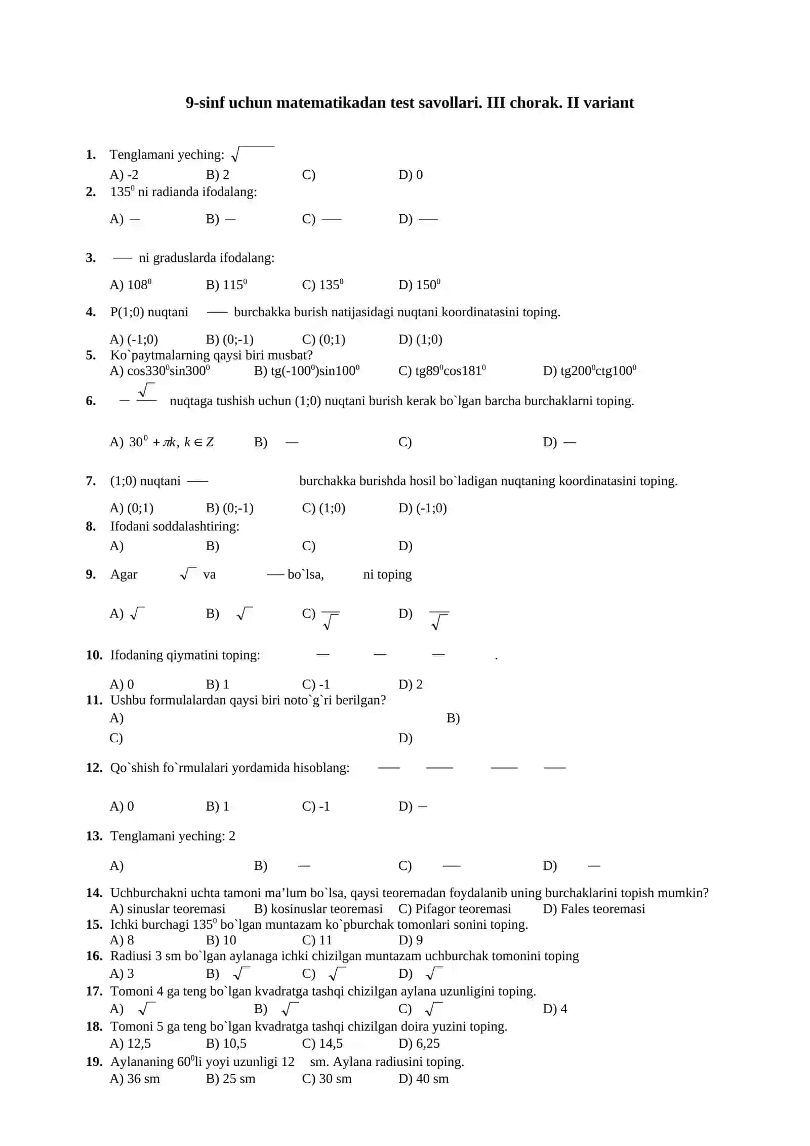 9-sinf uchun matematikadan test savollari. III chorak. I variant 2