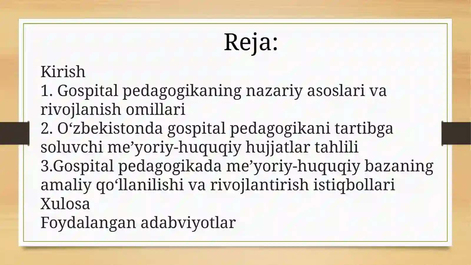 O'zbekistonda gospital pedagogikaning me'yoriy huquqiy bazasini tahlil qilish. 2