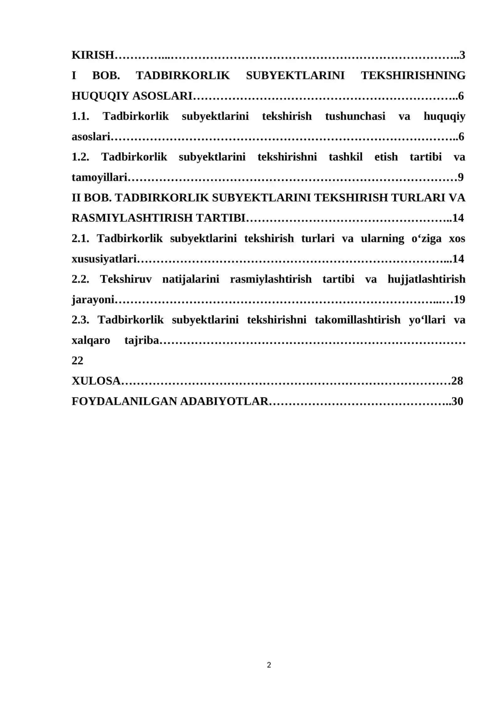 “Tadbirkorlik Subyektlarini tekshirish asoslari turlari va rasmiylashtirish” KURS ISHI 2