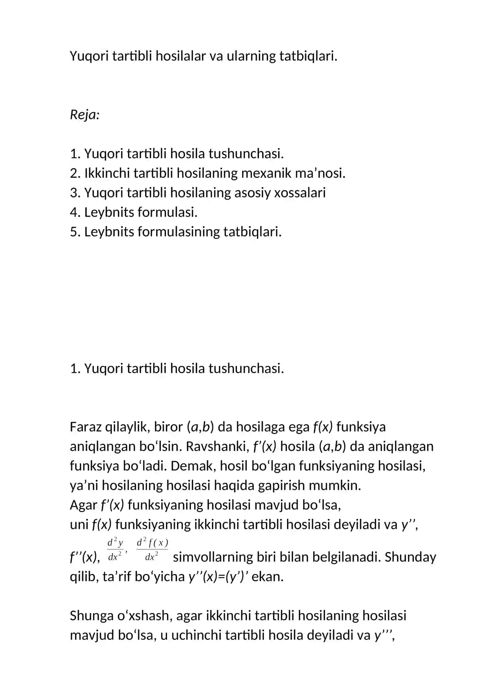 Yuqori tartibli hosilalar va ularning tatbiqlari 2