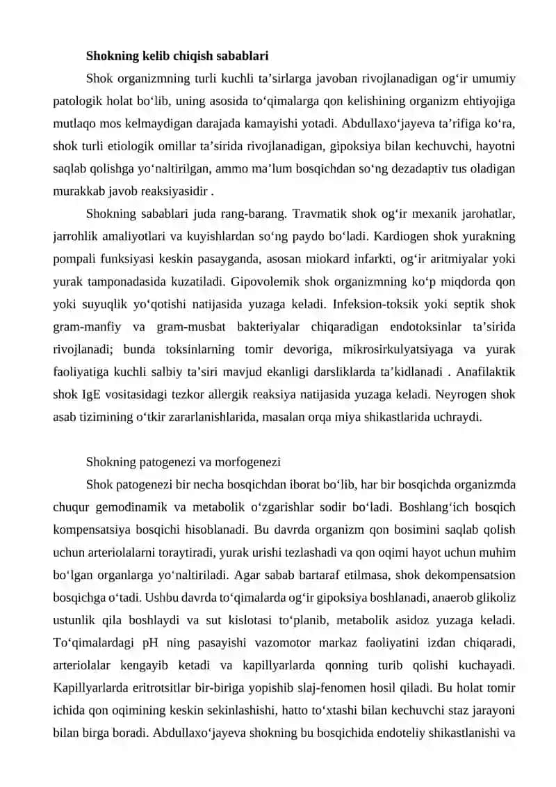 Shokning sabablari, patogenezi, morfogenezi, organlardagi morfologik o‘zgarishlar 2