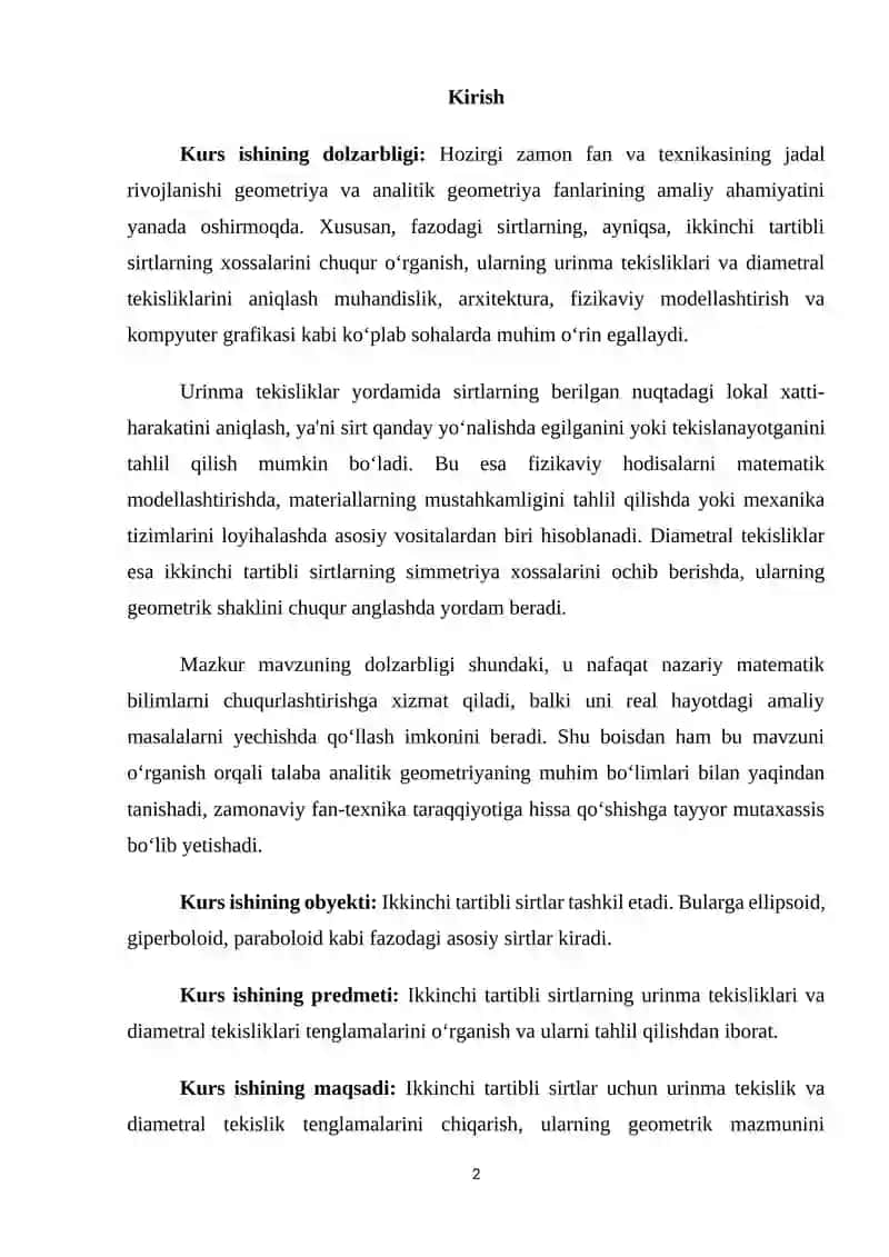 Ikkinchi tartibli sirtlarning urinma tekisligi va diametral tekisliki 2