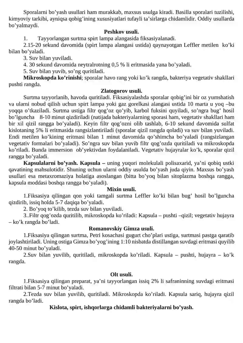 Spora, kapsula va kislotaga chidamli bakteriyalarni bo'yash usullari 2