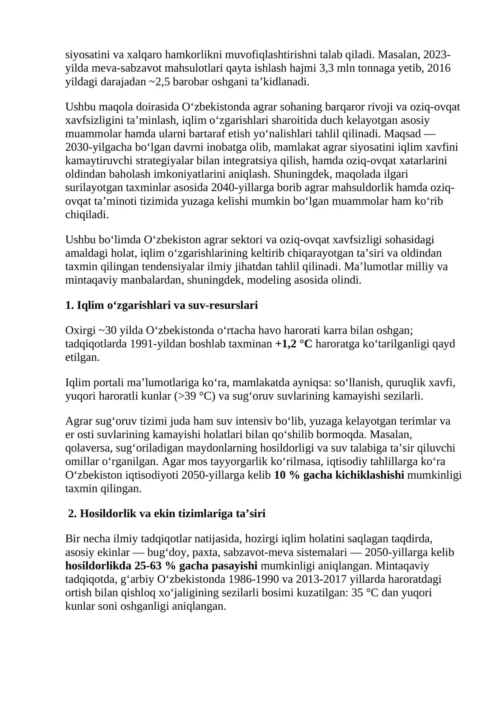 Global iqlim o‘zgarishi sharoitida qishloq xo‘jaligini barqaror rivojlantirish va oziq-ovqat xavfsizligini ta’minlash 2
