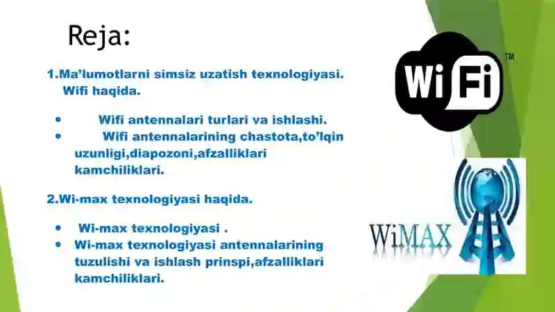 Simsiz axborot uzatish texnologiyalari. Wi-fi tarmog’ini sozlash. 2