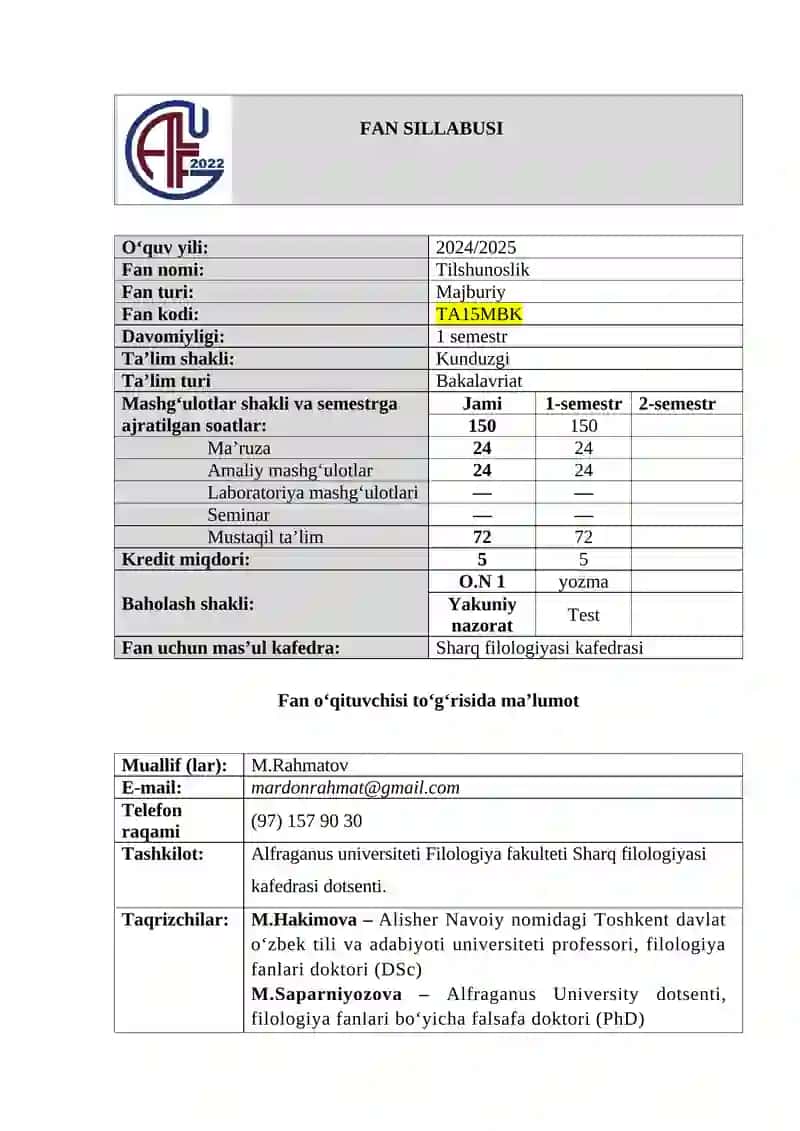 TILSHUNOSLIK FANI BO‘YICHA SILLABUS 2