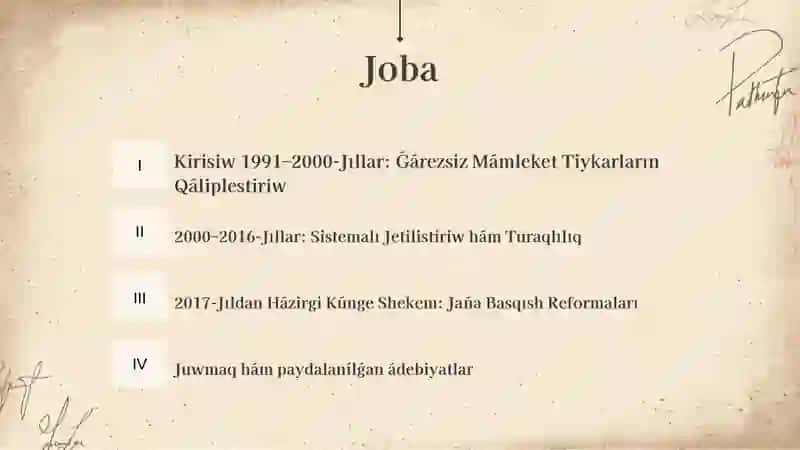Ǵárezsizligi jíllarínda Ózbekstan Respublikasí mámleketlik basqaríw sistemasínda ámelge asírílǵan reformalar. (Qaraqalpaq tilinde) 2