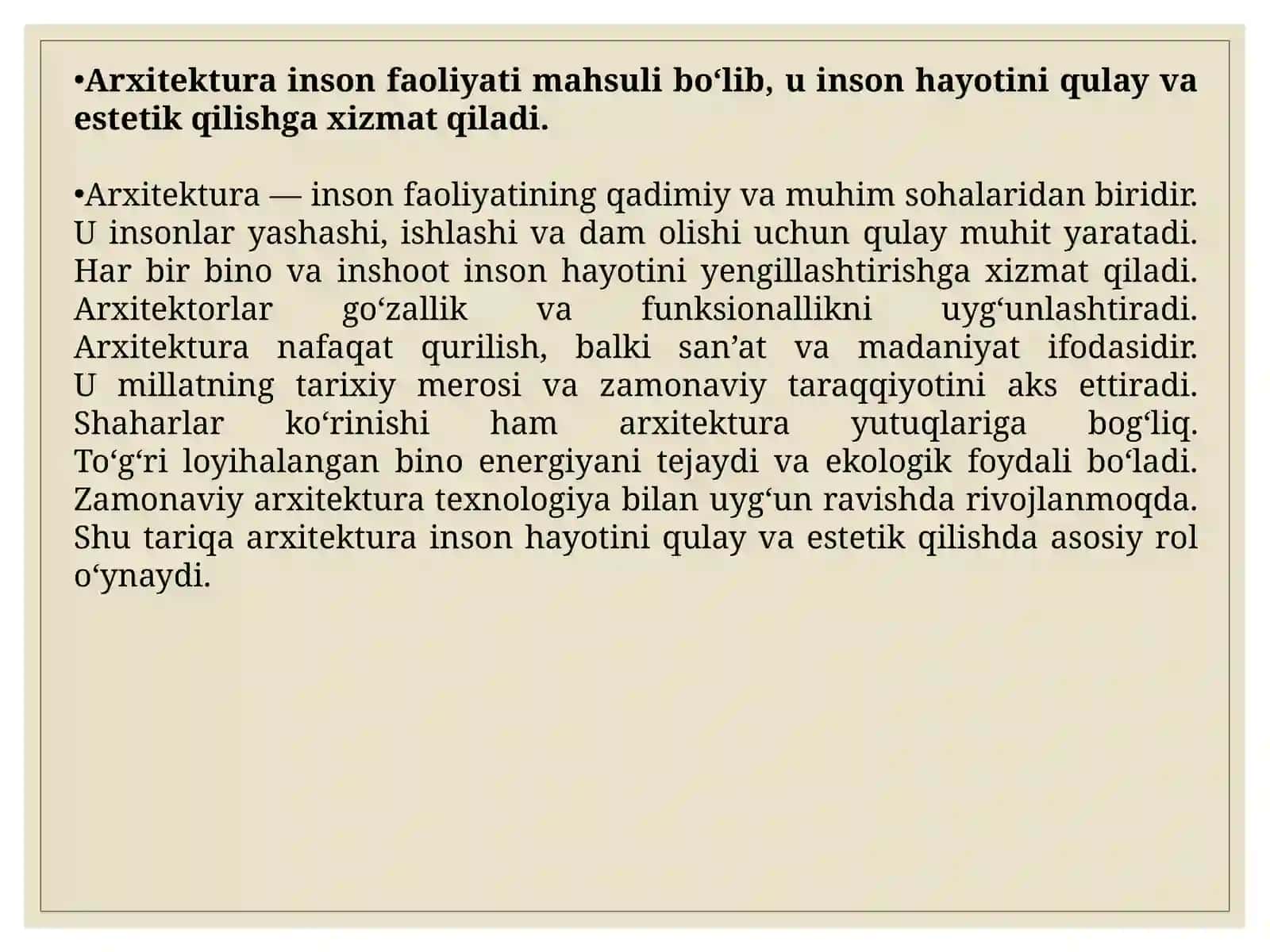 ARXITEKTURA-INSON VA INSON O‘LCHOVLARI 2