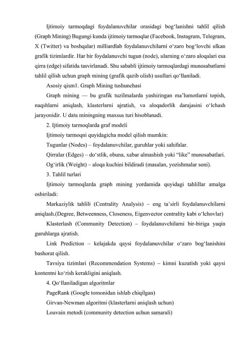 IJTIMOIY TARMOQDAGI FOYDALANUVCHILAR ORASIDAGI BOG'LANISHNI TAHLIL QILISH (GRAPH MINING) 2