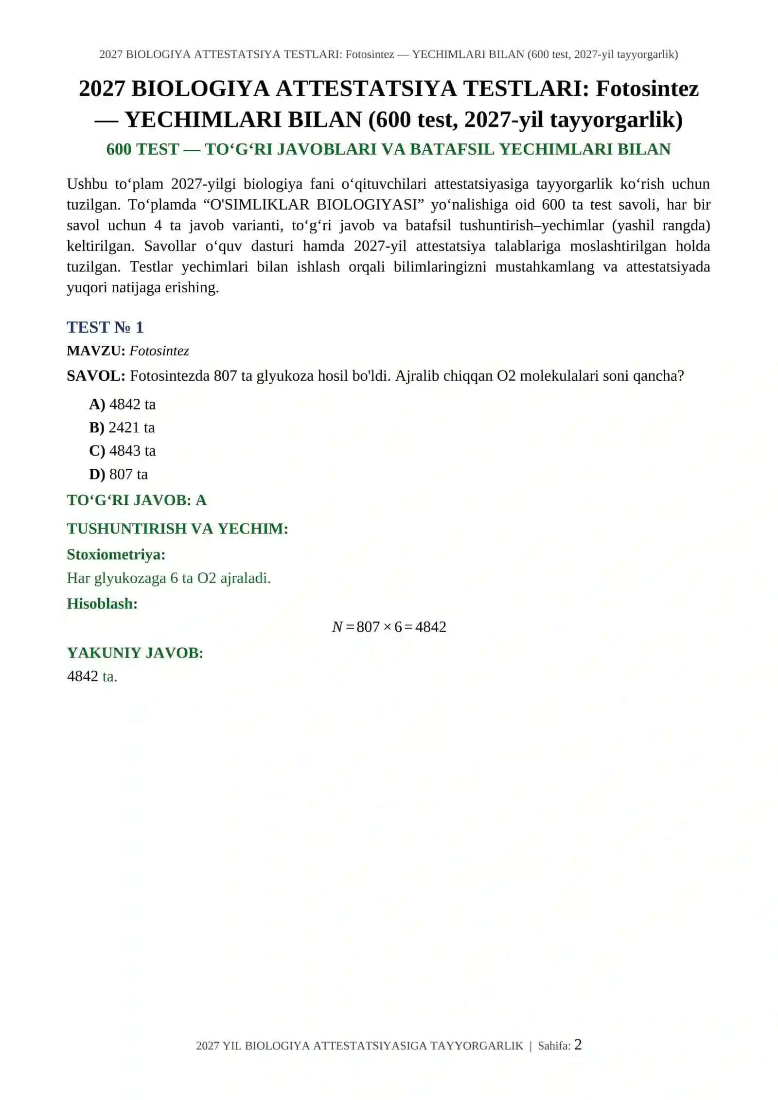 2027 BIOLOGIYA ATTESTATSIYA TESTLARI: Fotosintez — YECHIMLARI BILAN 2