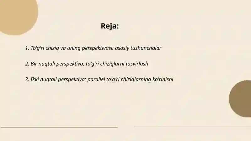 Umumiy va xususiy vaziyatdagi to'g'ri chiziqlarning perspektivasi 2