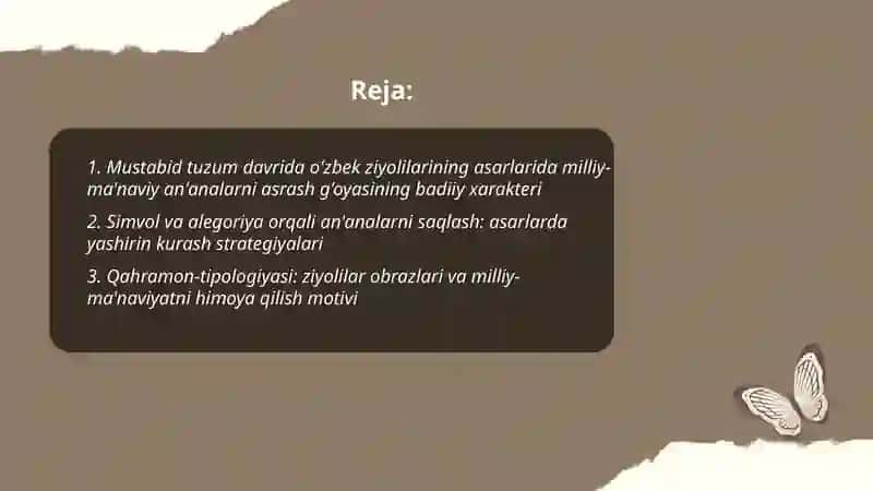 Mustabid tuzum davri o'zbek ziyolilari asarlarida milliy-ma'naviy an'analarini asrash uchun kurash g'oyasi 2