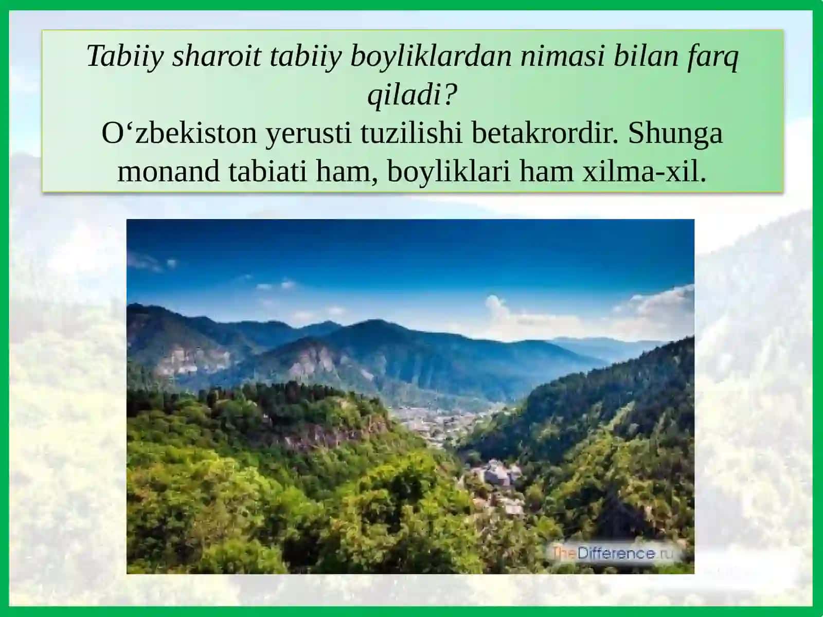 O‘ZBEKISTONNING TABIIYSHAROITI VATABIIY BOYLIKLARI 2