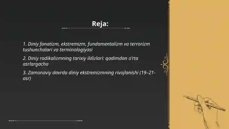 Diniy fanatizm, ekstrenizm, fundamentalizm va terrorizmning tarixi va ularnibg hozirgi davrdagi xavfszlikga tahdidi 2