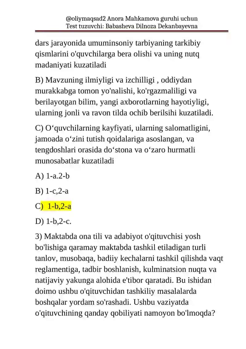 Test tuzuvchi: Babasheva Dilnoza Dekanbayevna 2